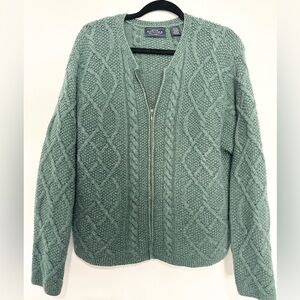 Vintage Sonoma silk angora rabbit wool full zip cable knit sweater green size XL
